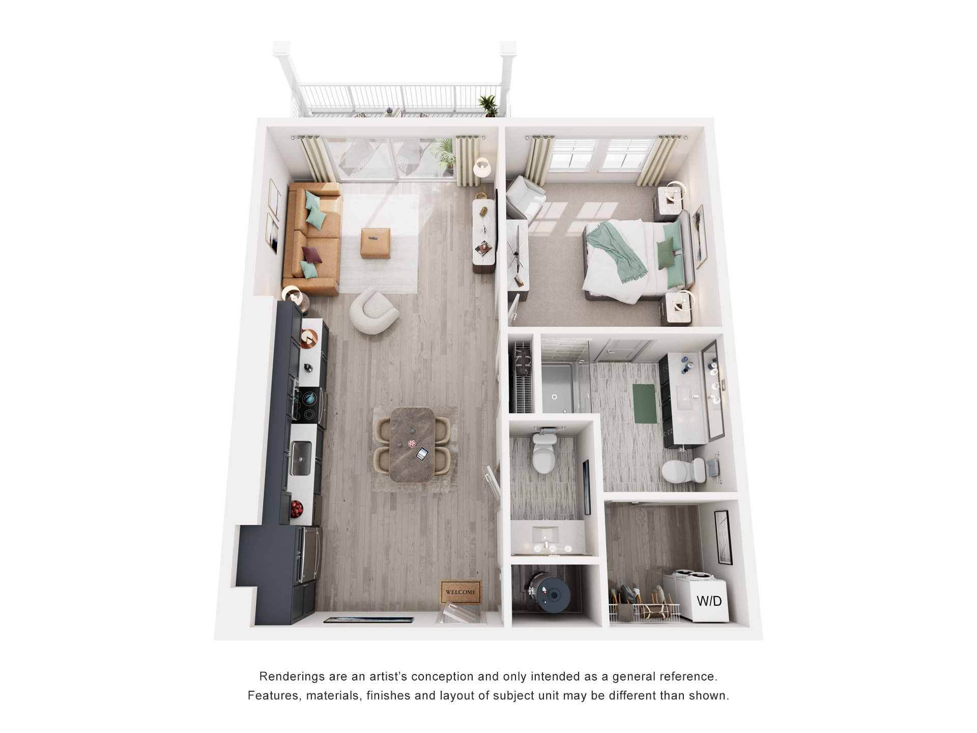 Floor plan for 1 bed, 1.5 baths, 864 sqft